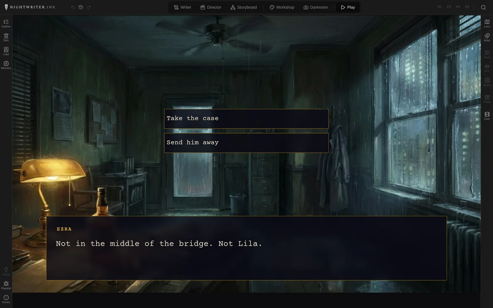 The same scene playing: a rainy office at night, the pianist's last line in the story box, and the two choices.